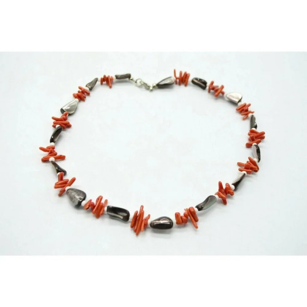 Coral Branch Abalone Shell Bead Beaded Silver Tone